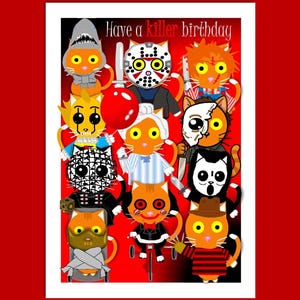 Avoir une carte d'anniversaire de chat qui tue, carte de chat, carte de film d'horreur mignonne, carte d'anniversaire de chat d'horreur, carte de chat de bande dessinée, carte de chat drôle, carte de voeux
