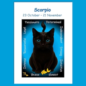 Carte d'anniversaire chat horoscope - Scorpion, carte chat du zodiaque, carte astrologie Scorpion, carte du zodiaque, carte de voeux, carte chat mignon, carte d'amoureux des chats