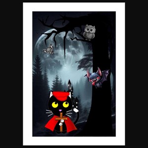 Carte d'anniversaire chat chasseur de vampires, carte gothique mignonne, carte de voeux, carte drôle de chat, carte de vampire de bande dessinée, carte d'amoureux des chats, carte effrayante