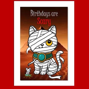 Carte d'anniversaire chat momie égyptienne, les anniversaires font peur, carte gothique, carte d'amoureux des chats, carte d'anniversaire de chat, carte de voeux, carte drôle de chat