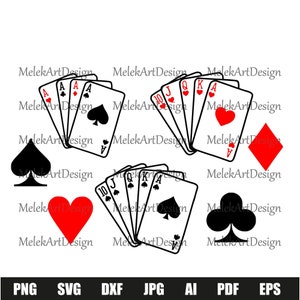 Speelkaarten Svg, Pokerkaarten vectoren, speelkaarten Svg bundel, kaarten bundel Cricut SVG-bestanden, dek van auto's Svg, azen Svg, illustraties, PNG