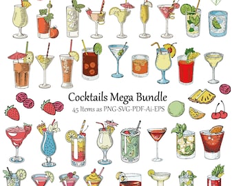 Könnte beinhalten: Eine Sammlung von 45 handgezeichneten Illustrationen von bunten Cocktails, darunter Margaritas, Daiquiris, Mojitos und mehr. Die Illustrationen sind im Vintage-Stil gehalten und zeigen verschiedene Früchte, Garnituren und Sonnenschirme.
