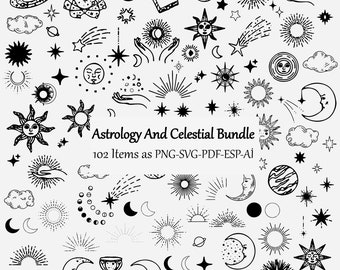 Op de afbeelding: Een set van 102 zwart-wit illustraties van astrologische en hemelse symbolen. De set bevat afbeeldingen van de zon, maan, sterren, planeten en andere hemellichamen. De tekst "Astrology And Celestial Bundle" en "102 Items as PNG-SVG-PDF-ESP-AI" is in de afbeelding opgenomen.