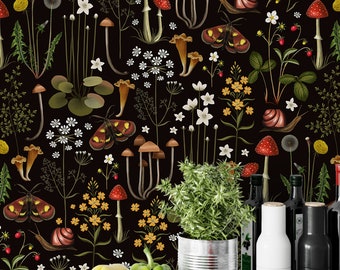 Dark Mushroom Wildflowers Peel and Stick Wallpaper - Floral Botanical Garden Wall Mural W145