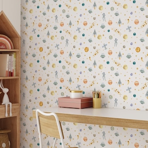 Watercolor Space with Astronaut and Planet Peel & Stick Wallpaper - Kids Nursery Room Removable Decal - Cosmic Self Adhesive Wall Mural W079