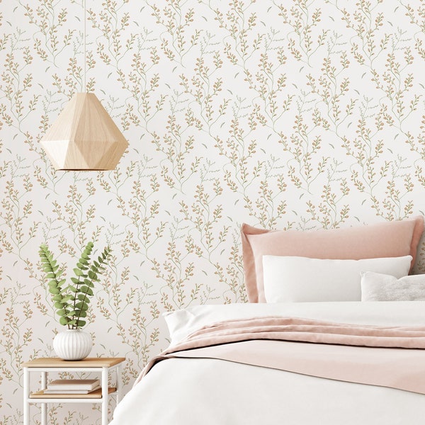 Neutral Beige Garden Flowers Removable Wallpaper - Botanical Boho Peel and Stick Decal - Self Adhesive Wall Mural Decor W032