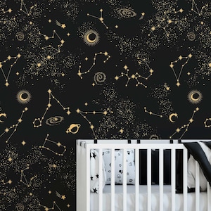 Black Starry Night Peel and Stick Wallpaper - Dark Sky and Constellation Removable Decal - Kids Nursery Room Self Adhesive Wall Mural W169