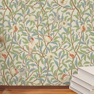 Vintage Pomegranate Bird Wallpaper – William Morris Style Botanical Wall Mural - Green Leaf Victorian W084