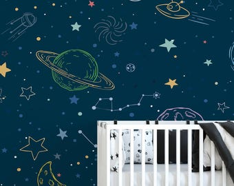 Space Kids Wallpaper - Solar System Nursery Wall Mural - Navy Galaxy Stars Constellation W061