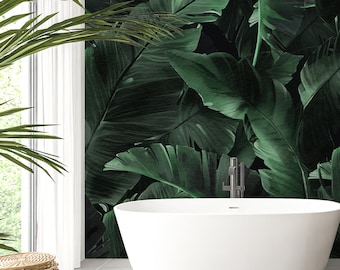 Dark Green Tropical Banana Leaves Removable Mural - Palm Leaf Peel and Stick Jungle Wall Decal - Self Adhesive Watercolor Wallpaper WM019