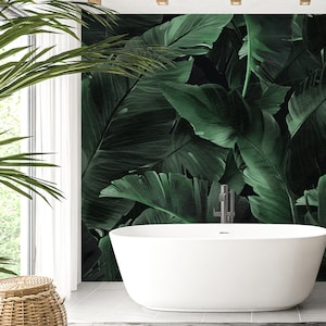 Dark Green Tropical Banana Leaves Removable Mural - Palm Leaf Peel and Stick Jungle Wall Decal - Self Adhesive Watercolor Wallpaper WM019