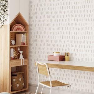 Neutral Boho Lines Self Adhesive Wallpaper - Beige & White Strokes Peel and Stick Wall Mural Decor - Removable Scandinavian Wall Decal W022