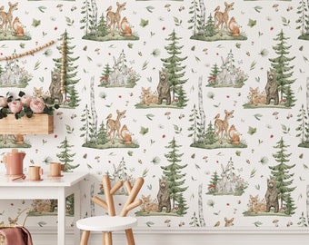 Forest Animals Peel and Stick Wallpaper - Kids Nursery Removable Decal - Children Self Adhesive Fairy Green Woodland Wall Mural W074