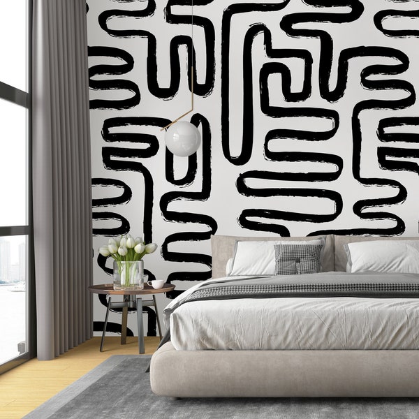 Black & White Lines Self Adhesive Wallpaper - Abstract Boho Peel and Stick Decor - Removable Scandinavian Wall Decal W045