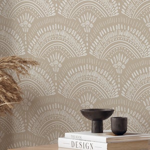 Beige Tribal Wallpaper - Geometric African Ethnic Art  Boho Scallops Wall Mural  W161