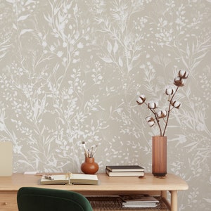 Beige & White Floral Botanical Removable Wallpaper - Garden Flowers Boho Peel and Stick Decal - Self Adhesive Beige Green Wall Mural W050