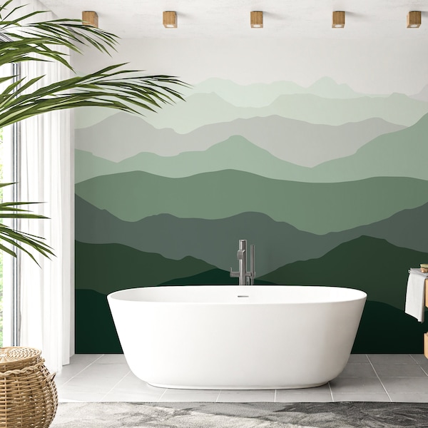 Green and Gray Abstract Mountains Peel and Stick Mural Wallpaper - Boho Style Self Adhesive Drawing Wall Mural - Removable Wall Decal WM040