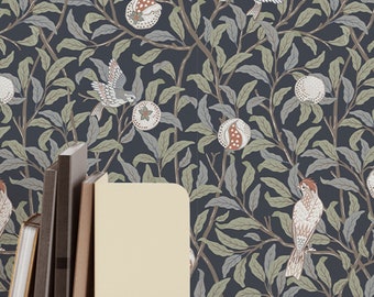 Green Leaves Birds Pomegranate Wallpaper -  William Morris Botanical Wall Mural W086
