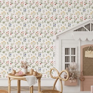 Yellow Flowers Berries Removable Wallpaper - Green Floral Botanical Peel and Stick Decal - Self Adhesive Watercolor Garden Wall Decor W075