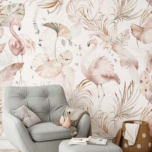 Tropical Palm Leaves and Flamingos Removable Wallpaper - Soft Beige Peel and Stick Jungle Wall Decal - Self Adhesive Boho Wall Mural W006