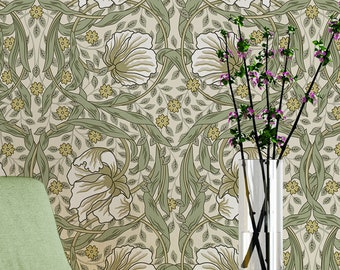 Sage Green Flowers Vintage Wallpaper - William Morris Leaves Retro Floral Botanical Wall Mural W083