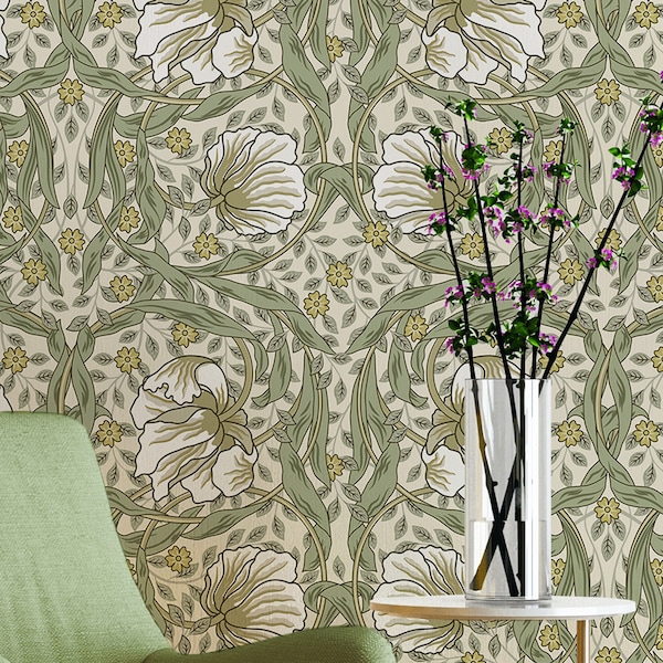 Sage Green Flowers Vintage Wallpaper - William Morris Leaves Retro Floral Botanical Wall Mural W083