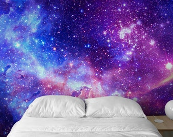 Cosmic Galaxy Glow Peel and Stick Wall Mural - Starry Night Kids Nursery Room- Self Adhesive Purple Space Removable Wallpaper WM054