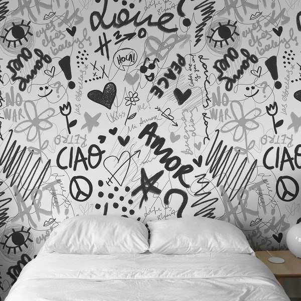 Black White Amor Love Graffiti Print Self Adhesive Wallpaper - Peel and Stick Abstract Mural - Children Teen Room Removable Wall Decal W062