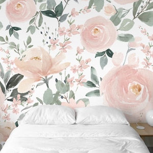 Soft Pink Roses Removable Wall Mural - Pastel Flowers Peel and Stick Kids Nursery Wall Decal - Self Adhesive Greenery Wallpaper WM013