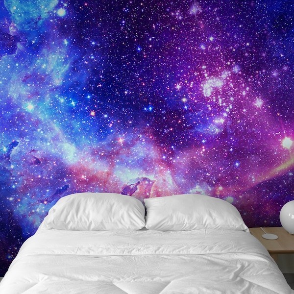 Cosmic Galaxy Glow Peel and Stick Wall Mural - Starry Night Kids Nursery Room- Self Adhesive Purple Space Removable Wallpaper WM054