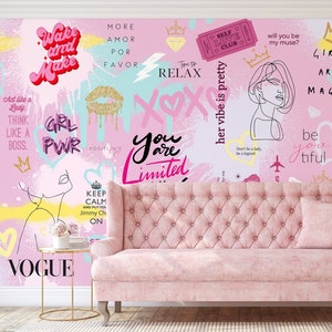 Girls Graffiti Print Self Adhesive Wallpaper - Peel and Stick Pink Abstract Mural - Beauty Room Salon Spa Design Removable Wall Decal WM030