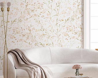 Blush Peach & Beige Floral Garden Removable Wallpaper - Flowers Boho Peel and Stick Decal - Self Adhesive Botanical Wall Mural Decor W028