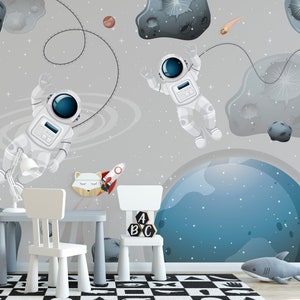 Astronauts and Planets in Space Self Adhesive Wall Mural - Gray Cosmos Removable Decal - Kids Nursery Room Peel and Stick Wallpaper WM072