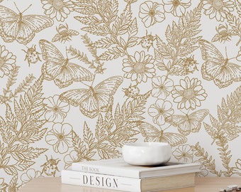Butterfly Floral Wallpaper - Botanical Garden Wall Mural - Line Art Bedroom W157