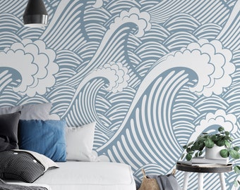 Japanese Waves Wallpaper - Blue White Ocean Seigaiha Waves Peel and Stick Wall Mural  WM015