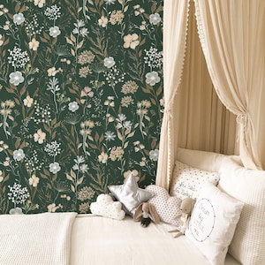 Green Beige Wild Floral Removable Wallpaper - Botanical Flowers Boho Peel and Stick Decal - Self Adhesive Garden Wall Mural Decor W137