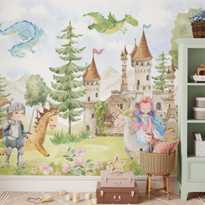 Fairytale Castle Princess and Prince Peel and Stick Wall Mural - Kids Nursery Removable Decal - Fairy Dragon Self Adhesive Wallpaper WM070