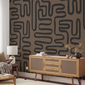 Brown Black Abstract Line Art Wallpaper - Boho Scandinavian Dark Modern Wall Mural W011