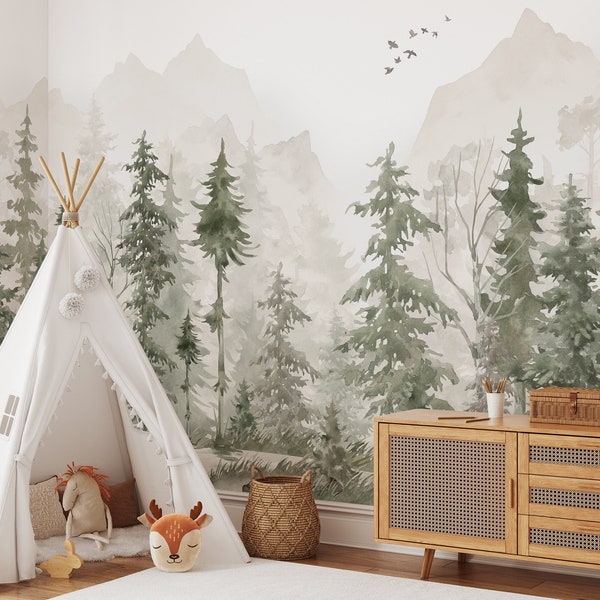 Mystic Woodland Peel and Stick Wall Mural - Fairy Pine Tree Kids Nursery Removable Decal - Self Adhesive Green Forest Wallpaper WM048
