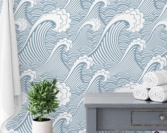 Japanese Coastal Waves Wallpaper - Blue Ocean Peel and Stick Nautical Wall Mural  W002