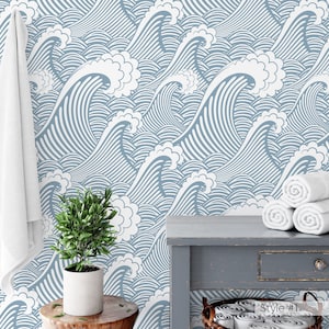 Japanese Waves Removable Wallpaper - Blue Ocean Peel and Stick Wall Decal - Self Adhesive Bathroom Wall Mural Decor W002