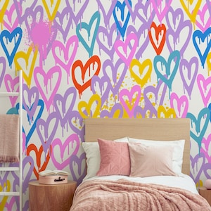 Colorful Hearts Graffiti Self Adhesive Wall Mural - Peel and Stick Purple Pink Abstract - Teen Girl Room Removable Wallpaper WM046