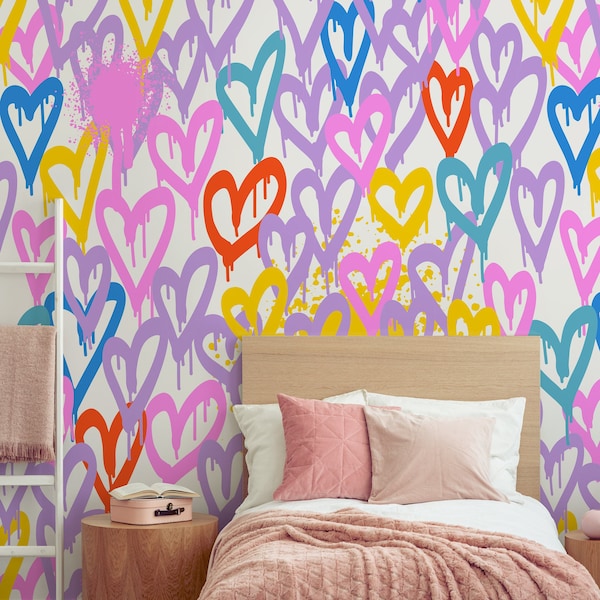 Colorful Hearts Graffiti Self Adhesive Wall Mural - Peel and Stick Purple Pink Abstract - Teen Girl Room Removable Wallpaper WM046