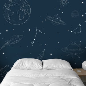 Space Wall Mural – Navy Blue Constellation Planets Wallpaper - Rockets UFO Kids Nursery Galaxy  WM044
