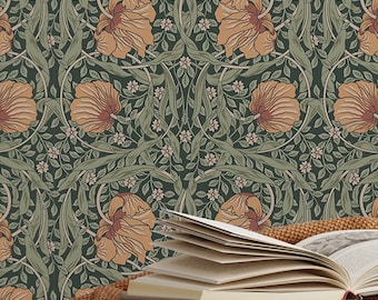 Orange Dark Green Leaves William Morris Wallpaper - Retro Floral Botanical Wall Mural W081