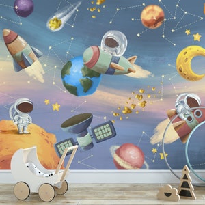 Colorful Pastel Space, Astronauts & Planets Self Adhesive Wall Mural - Kids Room Removable Decal - Starship Peel and Stick Wallpaper WM075