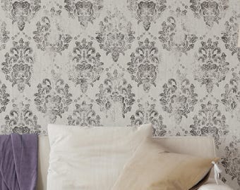 Warm Gray Damask Wallpaper - Distressed French Country Wall Mural - Classic Farmhouse Decor W184