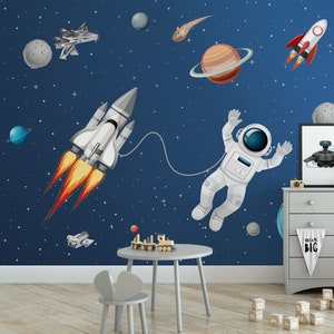 Astronauts and Planets in Space Peel and Stick Wall Mural - Kids Nursery Room Removable Decal - Blue Cosmos Self Adhesive Wallpaper WM073