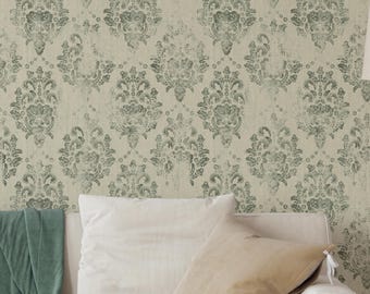 Sage Green Damask Wallpaper - Distressed French Country Wall Mural - Classic Farmhouse Decor W182