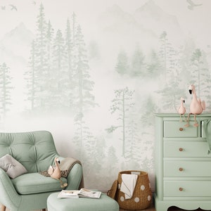 Sage Green Watercolor Woodland Wall Mural - Fairy Pine Tree Kids Nursery Wallpaper Mountains Forest WM049